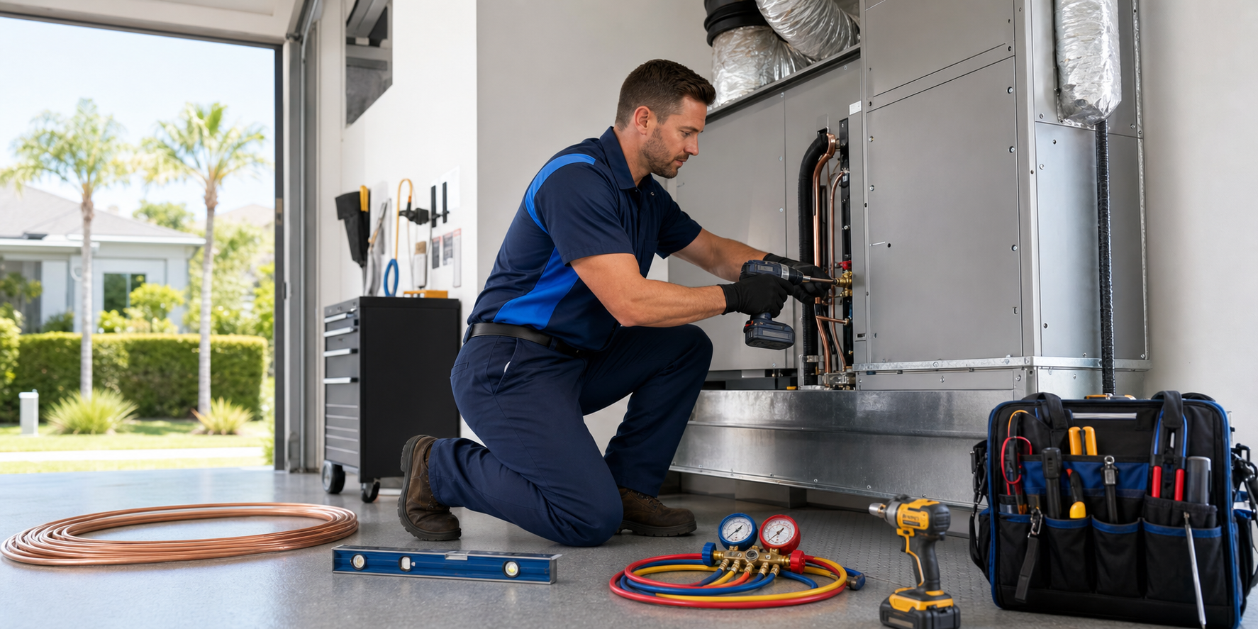HVAC technician installing a new home comfort system with professional tools